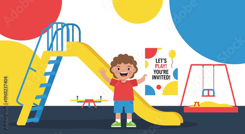 Happy Child Playing on Playground Slide, Invitation Design Elements