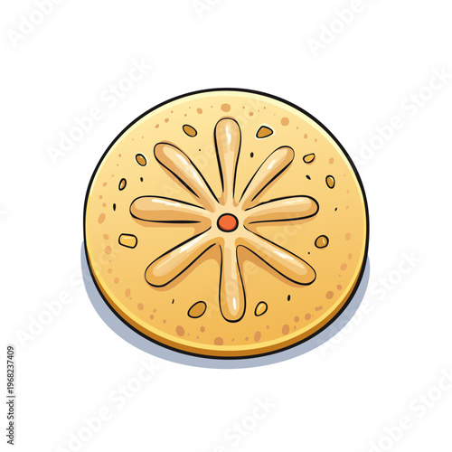 A cheerful cartoon yellow circular cookie with a floral petal design and a red center