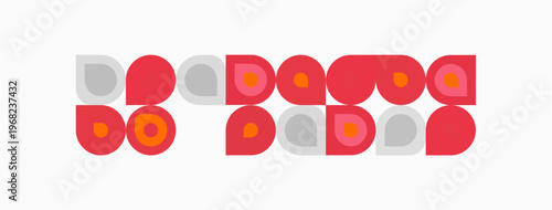 Abstract pattern using circles, squares, curved shapes. Red, gray, peach colors dominate design. Minimalist aesthetic, modern style.