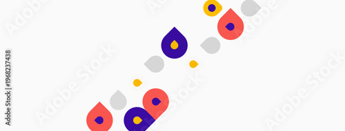 Abstract colorful shapes scattered across white background. Minimalist design, playful composition, modern aesthetic. Simple forms create visual interest.