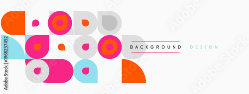 Abstract colorful shapes, circles, squares, triangles. Minimalist design with light background. Modern graphic elements.