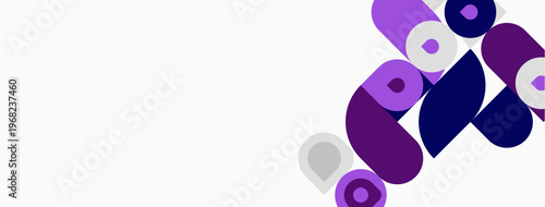 Abstract design features overlapping purple circles, rectangles. Minimalist composition with white background, black bands above, below.