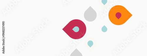 Abstract shapes, dots, pink, orange hues dominate pale background. Minimalist design, simple geometry present.