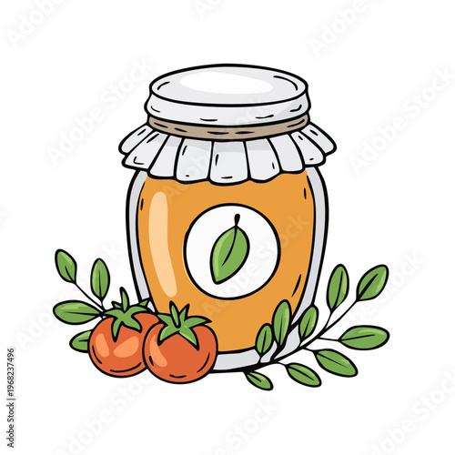 Hand drawn illustration of a glass jar filled with golden preserves and fresh tomatoes