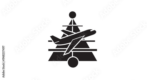 Black and white illustration of an airplane taking off from a stylized airport.