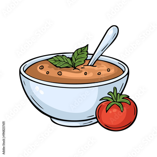 Delicious Tomato Soup in a Bowl with Fresh Basil and a Ripe Tomato