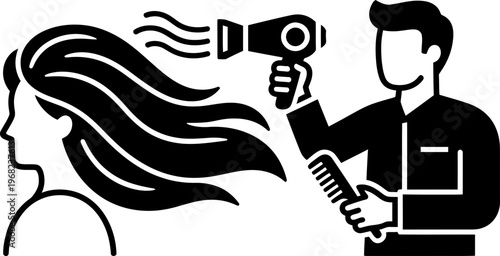 Man hair styling woman hair with hairdryer and comb. Hairdresser or barber profession. Modern minimalist salon service. Vector icon