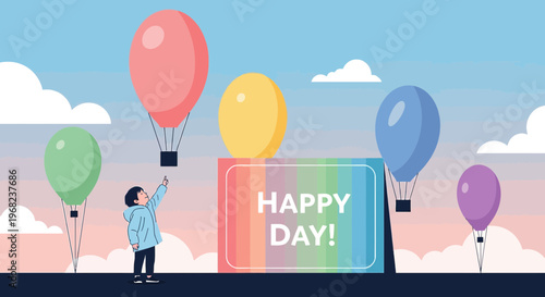 Happy Day Balloons Celebration Sky Child Vector Graphic