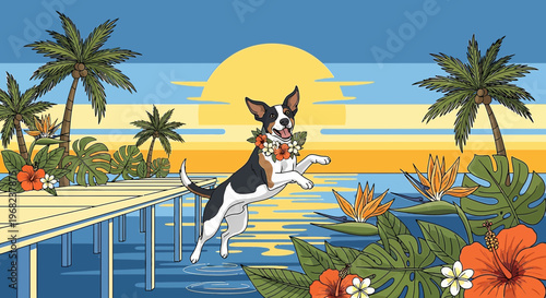 Happy Dog Jumps in Tropical Ocean with Sunset and Palm Trees