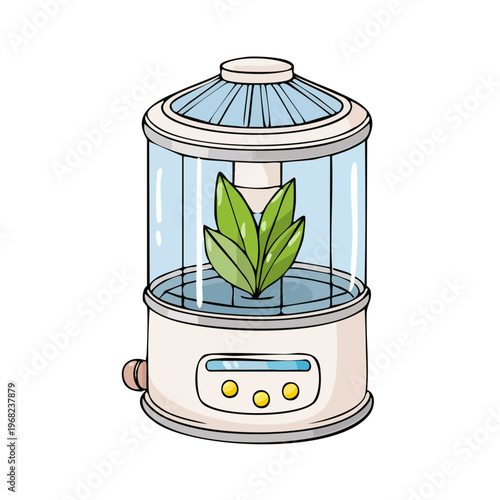 Futuristic plant growing chamber with green leaves and control panel illustration