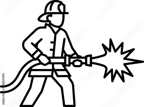 Firefighter man extinguishes fire with hose and water stream. Emergency fire service and rescue worker. Outline vector icon