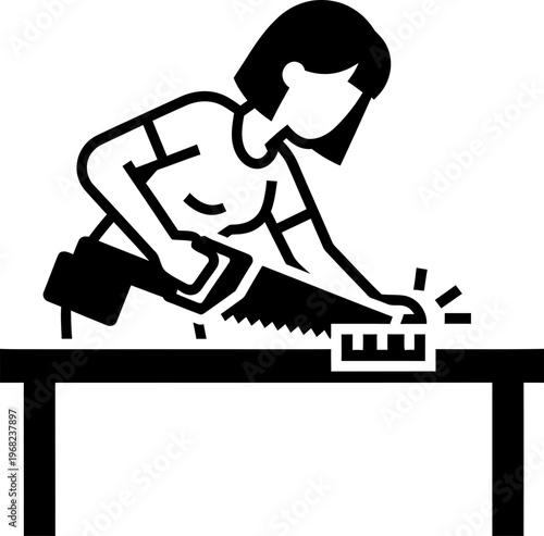 Woman sawing wood plank with a hand saw, a craft and carpentry concept. Vector illustration for workshop, DIY project, and repair icon