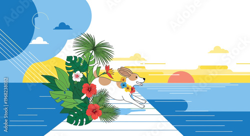 Happy dog running on boardwalk with tropical flowers and ocean sunset