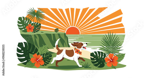 Happy Dog Running on Tropical Beach at Sunset with Floral Lei and Palm Leaves