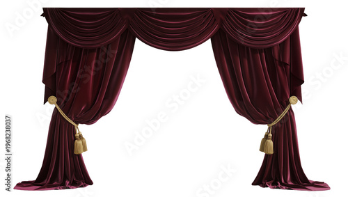 Φωτογραφία Luxurious burgundy velvet stage curtains with ornate golden tassels and rope tie