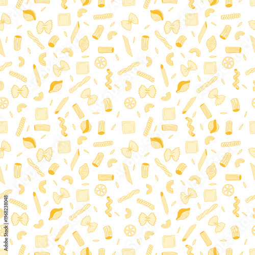 Whimsical Hand-Drawn Seamless Pattern with a Variety of Italian Pasta Shapes