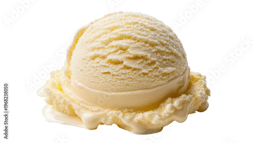 Creamy vanilla ice cream scoop with visible swirls and a soft melting texture, isolated on transparent background for dessert menus and promotions