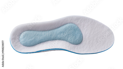 Gray textured orthopedic insole with blue gel support and vibrant blue trim, isolated on transparent background for medical product displays