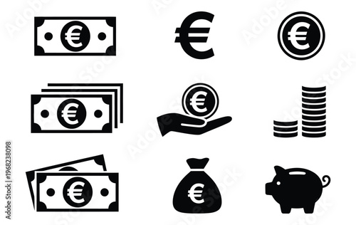 Euro banknotes, coins and money icons, vector set of financial symbols for infographics
