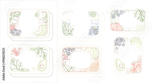 Collection of six elegantly designed, hand-drawn fruit and vegetable label templates with ample space for personalization