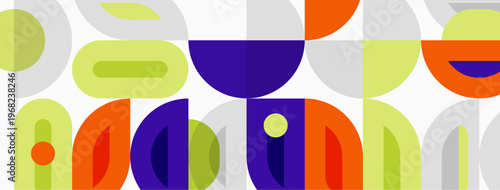 Abstract geometric pattern. Shapes overlap, creating playful visual rhythm. Colors include orange, purple, green, gray.