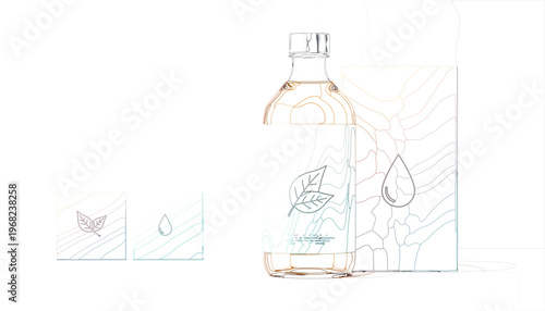 Elegant minimalist packaging design for a premium beverage bottle with subtle contour line art and a dewdrop motif