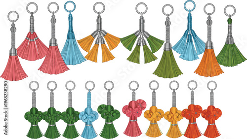 Фотография Colorful Tassel Keychain Vector Illustration Set with Decorative Fringe Key Ring