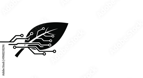 Black and White Leaf with Circuit Board Pattern Illustration.