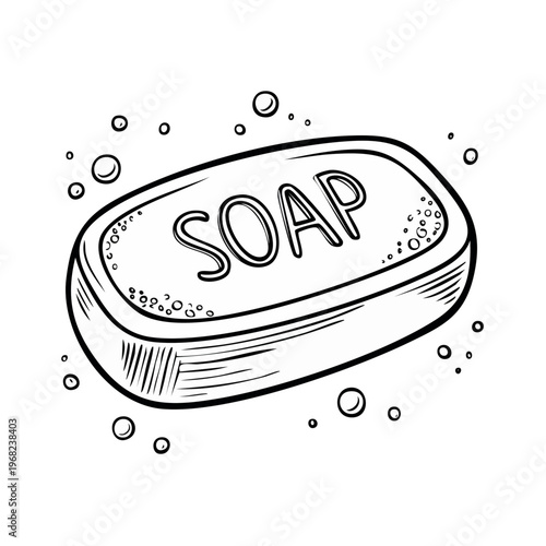 Hand-drawn illustration of a bar of soap with bubbles and the word SOAP etched on its surface