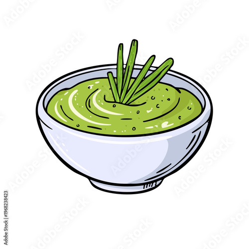 Hand-drawn illustration of green dip in a white bowl garnished with fresh herbs