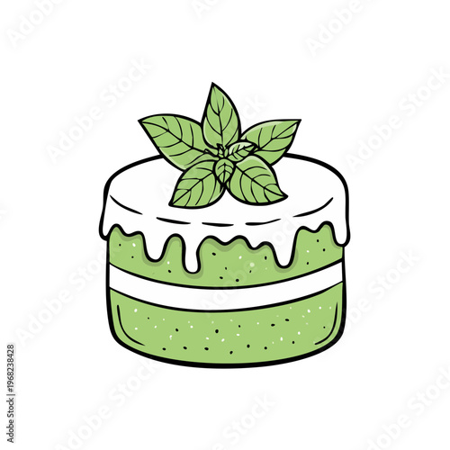 Hand-drawn green cake with white frosting and mint leaves decoration