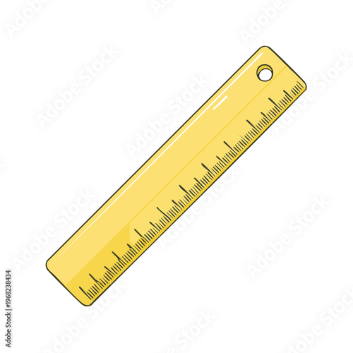 Simple yellow straight ruler with measurement markings and a hole for hanging