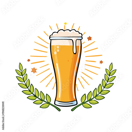 Cold Beer in a Tall Glass Surrounded by Laurel Wreath and Rays of Light Celebration and Refreshment