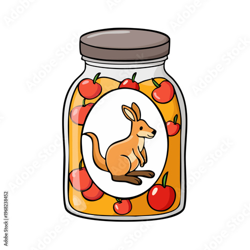 Cartoon kangaroo in a jar of jam with apples and sweet liquid on white background