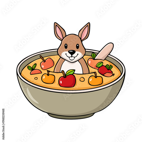 Cute cartoon kangaroo peeking out of a bowl of fruit soup with apples and carrots
