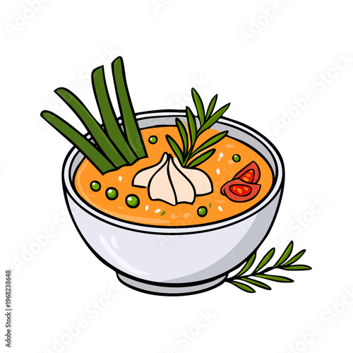 Flavorful bowl of vegetable soup with garlic green onions and rosemary garnish