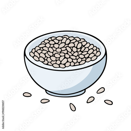 Simple illustration of a white bowl filled with white beans and scattered beans on a surface
