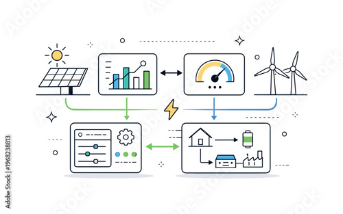 Smart renewable grid management. Abstract control panels and energy flow diagrams connected to solar and wind icons. The illustration represents intelligent