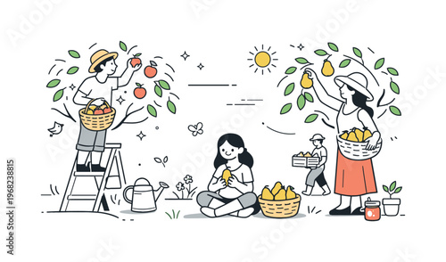 Connection to nature. A gentle scene of people enjoying fruit picking in an orchard, slow living and sustainable lifestyle, calm positive atmosphere.