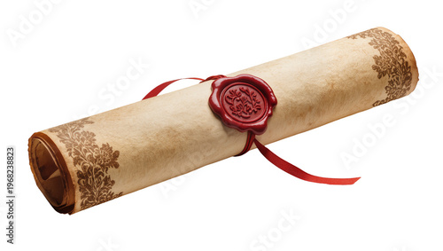 Fotografie Antique parchment scroll tied with crimson ribbon sealed with ornate red wax sta