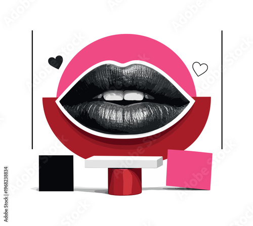 Black and white retro-style realistic lips slightly parted, thin white cut-out outline, layered over a bold pink circle and deep red semicircle, floating