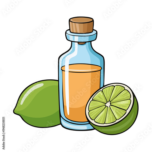 Glass bottle with amber liquid and fresh limes illustration