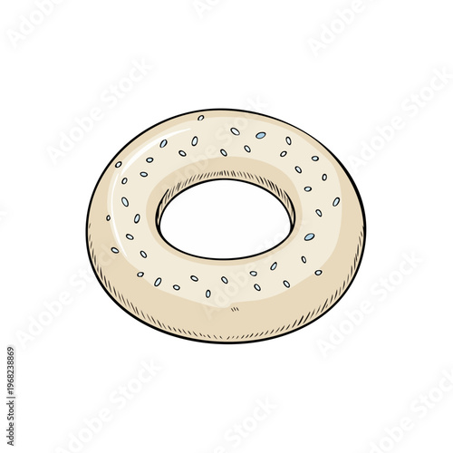 Hand drawn illustration of a round sesame seed bagel isolated on a white background