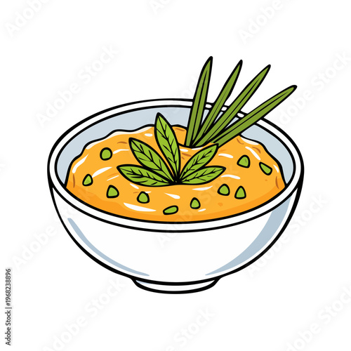 Delicious cartoon-style mashed potatoes topped with herbs and green onions in a white bowl