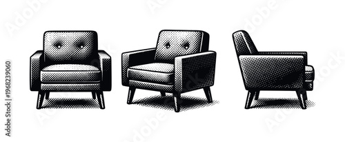Retro armchair A classic retro armchair rendered as a single object, displayed in front, three-quarter, and side views with solid armrests and balanced