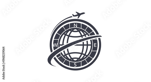 Black and white travel logo featuring a globe and airplane design.