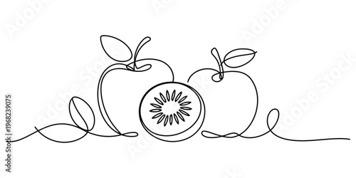 Quadro su tela Continuous One Line Drawing of Apples and Kiwi Fruit