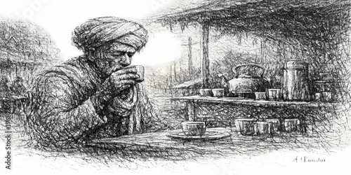 Vintage black and white illustration of old Soviet soldiers and a military ship in a historical style