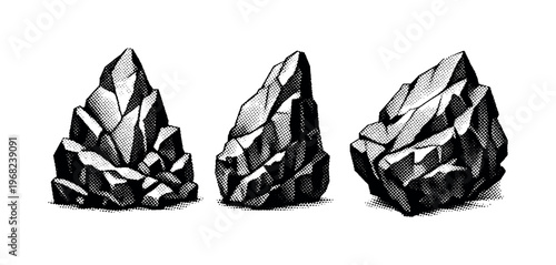 Rocky seabed fractured rock, angular broken rock fragment with sharp planes shown from front view, side view, and three-quarter angle emphasizing structure.