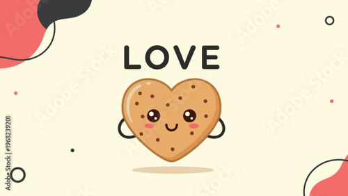 Sweet heart shaped cookie character with a cute smiling face and rosy cheeks below the text Love on a decorative cream colored background.